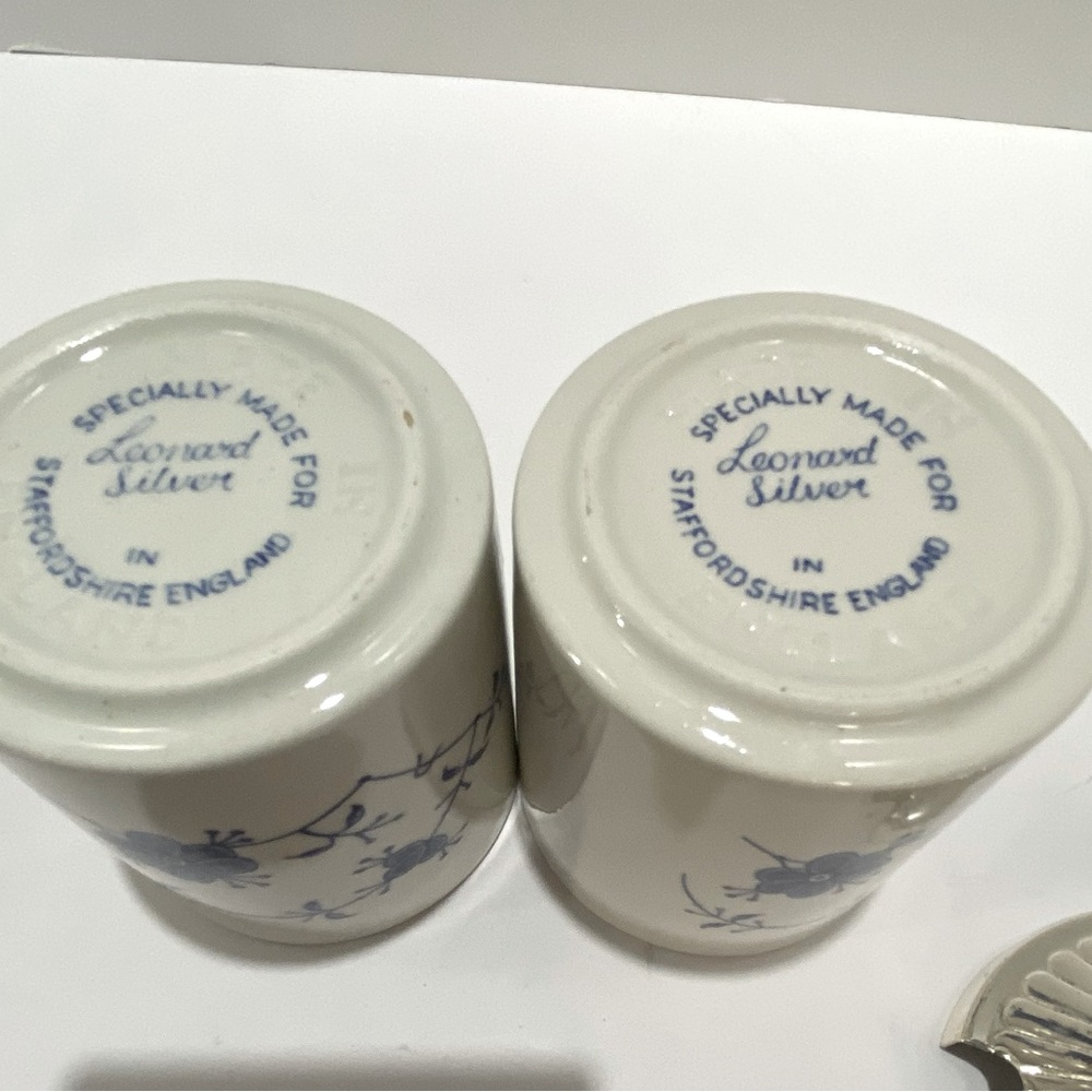 VTG Leonard Silver Sheffield England Condiment Set Blue & White w/Spoons & Stand - Picture 8 of 11